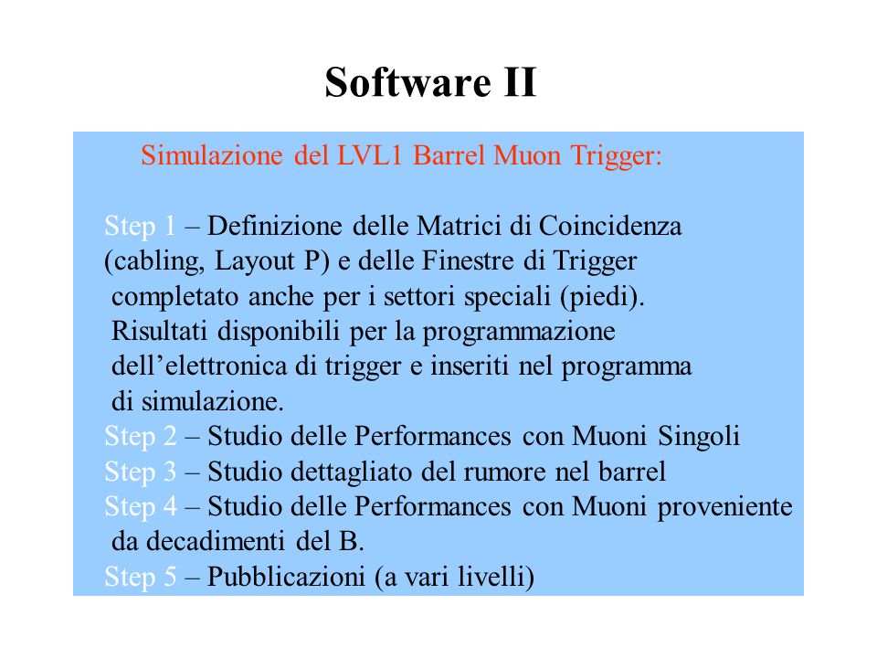 Software II Simulazione del LVL1 Barrel Muon Trigger: Step 1 – Definizione delle Matrici di Coincidenza (cabling, Layout P) e delle Finestre di Trigger completato anche per i settori speciali (piedi).