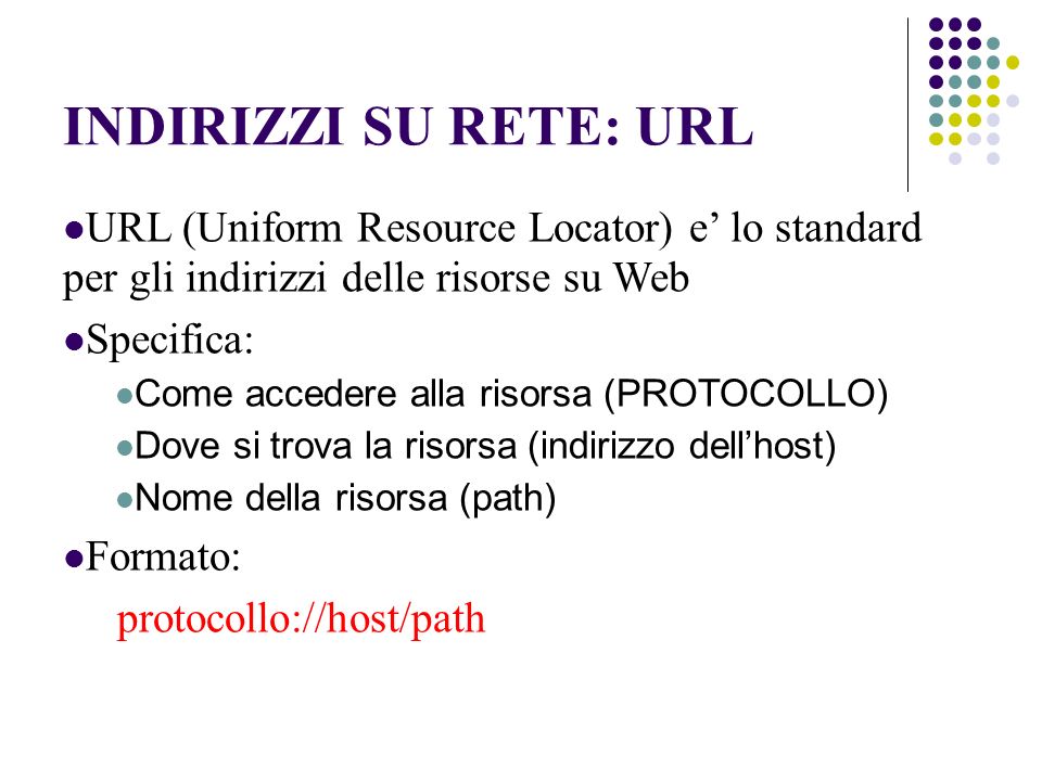 INDIRIZZI SU RETE: URL URL (Uniform Resource Locator) e lo standard per gli indirizzi delle risorse su Web Specifica: Come accedere alla risorsa (PROTOCOLLO) Dove si trova la risorsa (indirizzo dellhost) Nome della risorsa (path) Formato: protocollo://host/path