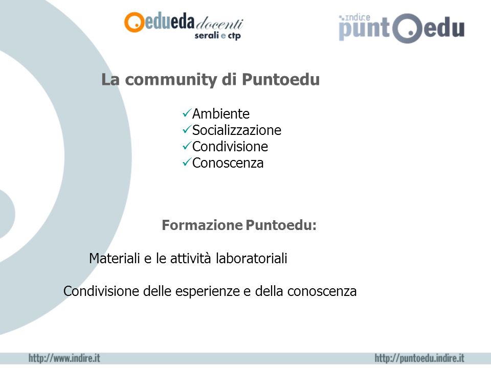 La community di Puntoedu Formazione Puntoedu: Materiali e le attività laboratoriali Condivisione delle esperienze e della conoscenza Ambiente Socializzazione Condivisione Conoscenza