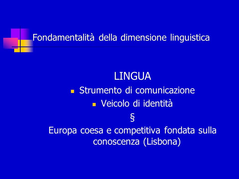 Fondamentalità della dimensione linguistica LINGUA Strumento di comunicazione Veicolo di identità § Europa coesa e competitiva fondata sulla conoscenza (Lisbona)