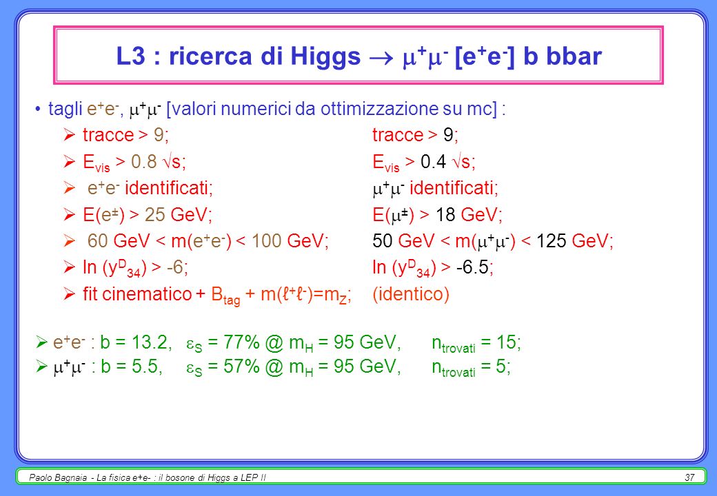 Paolo Bagnaia - La fisica e+e- : il bosone di Higgs a LEP II36 L3 : ricerca di Higgs b bbar tagli [valori numerici da ottimizzazione su mc] : 40 GeV < m vis < GeV; H q qbar 50 GeV < m missing < 130 GeV; Z E T > 5 GeV; no tracce nella camera dei fasci ( ) |p L | < 0.70 E vis ; (jet/jet) > 69°; B tag > 0.6; b = 116, S = m H = 95 GeV, n trovati = 109.