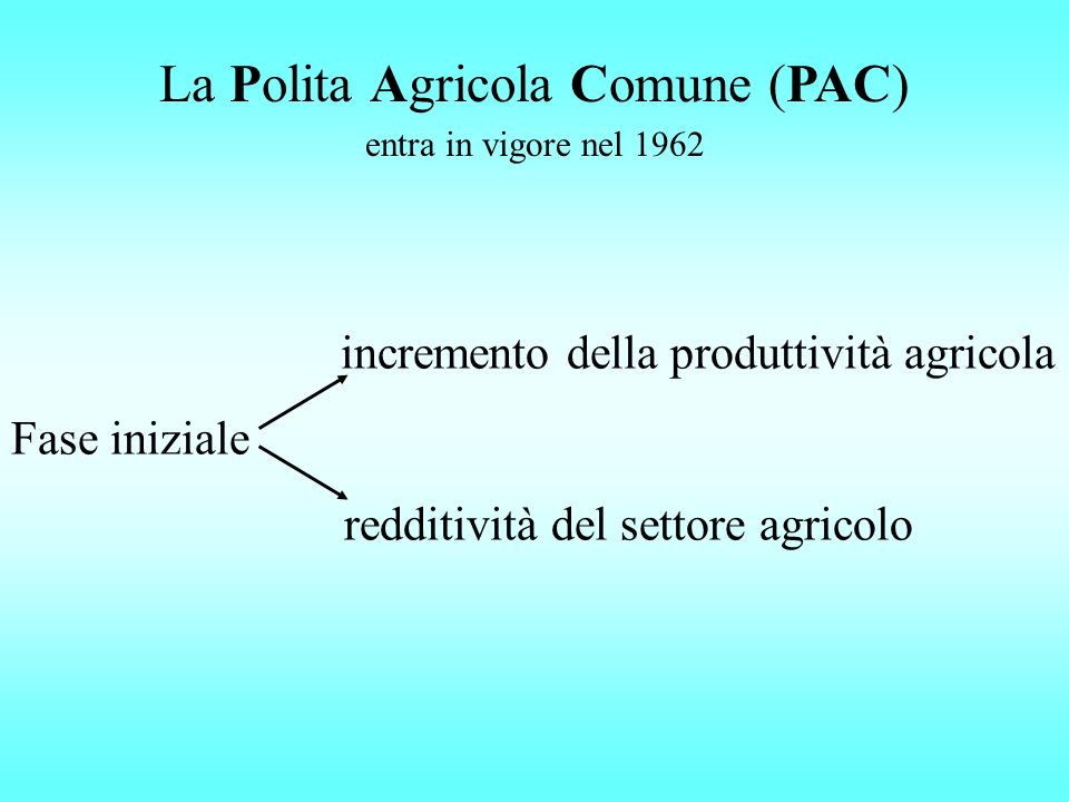 La Polita Agricola Comune (PAC) incremento della produttività agricola Fase iniziale redditività del settore agricolo entra in vigore nel 1962