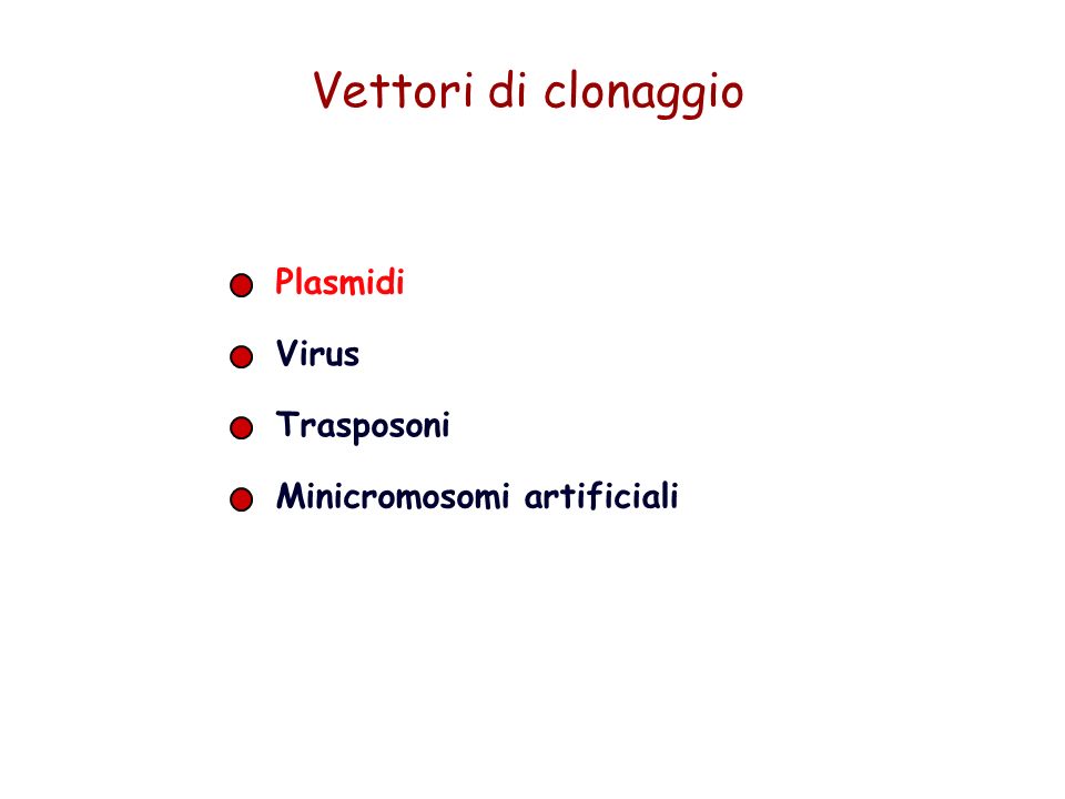 Vettori di clonaggio Plasmidi Virus Trasposoni Minicromosomi artificiali