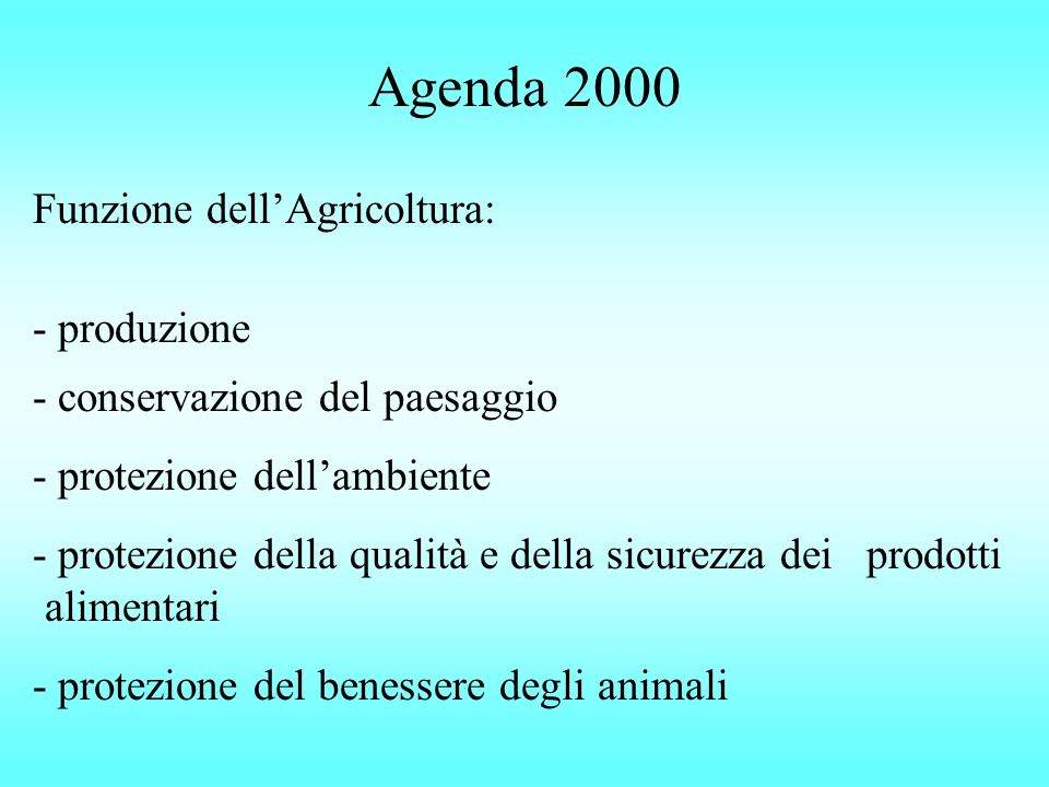Agenda 2000 Funzione dellAgricoltura: - produzione - conservazione del paesaggio - protezione dellambiente - protezione della qualità e della sicurezza dei prodotti alimentari - protezione del benessere degli animali
