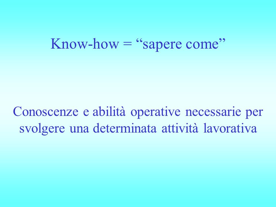 Know-how = sapere come Conoscenze e abilità operative necessarie per svolgere una determinata attività lavorativa
