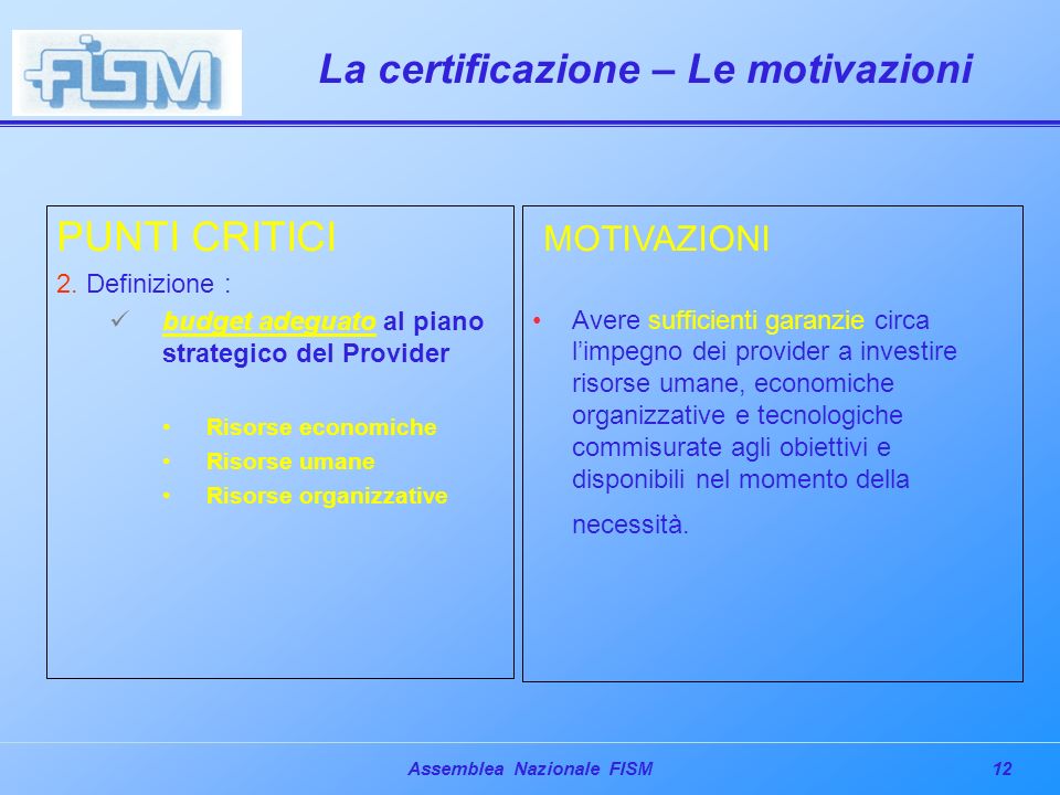 12Assemblea Nazionale FISM La certificazione – Le motivazioni PUNTI CRITICI 2.