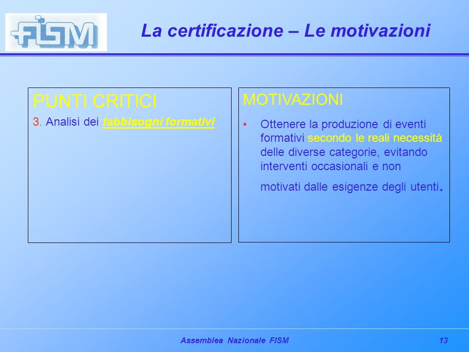 13Assemblea Nazionale FISM La certificazione – Le motivazioni PUNTI CRITICI 3.