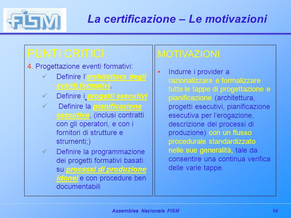 14Assemblea Nazionale FISM La certificazione – Le motivazioni PUNTI CRITICI 4.