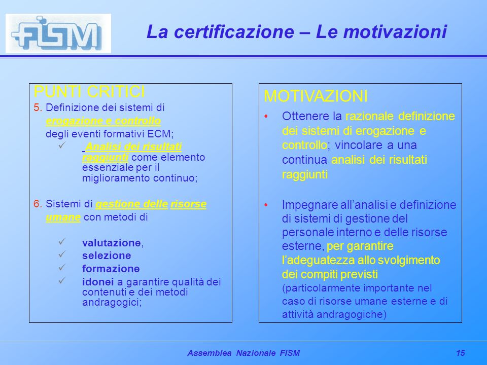 15Assemblea Nazionale FISM La certificazione – Le motivazioni PUNTI CRITICI 5.