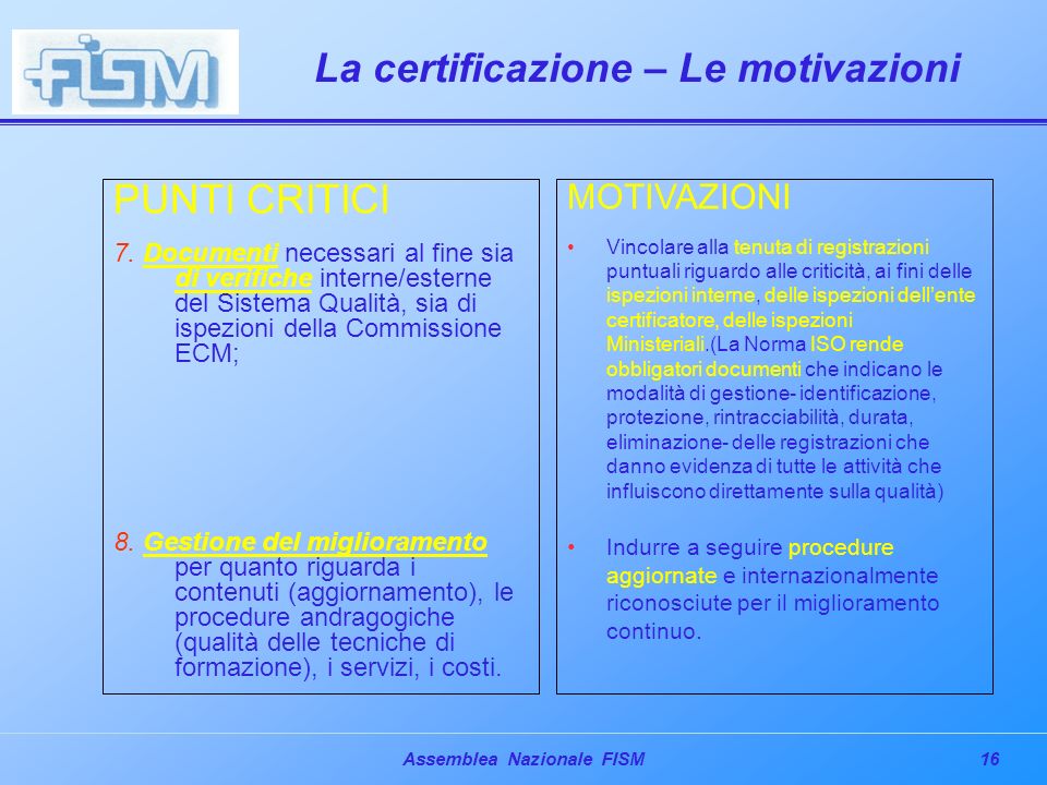 16Assemblea Nazionale FISM La certificazione – Le motivazioni PUNTI CRITICI 7.