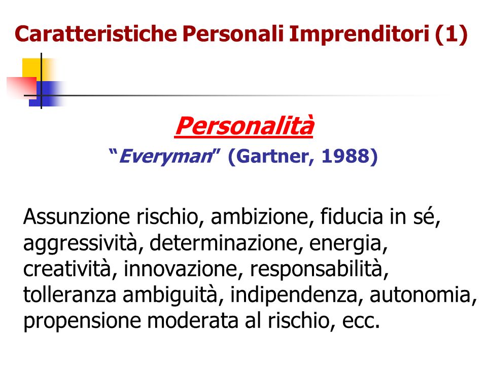 Caratteristiche Personali Imprenditori (1) Personalità Everyman (Gartner, 1988) Assunzione rischio, ambizione, fiducia in sé, aggressività, determinazione, energia, creatività, innovazione, responsabilità, tolleranza ambiguità, indipendenza, autonomia, propensione moderata al rischio, ecc.