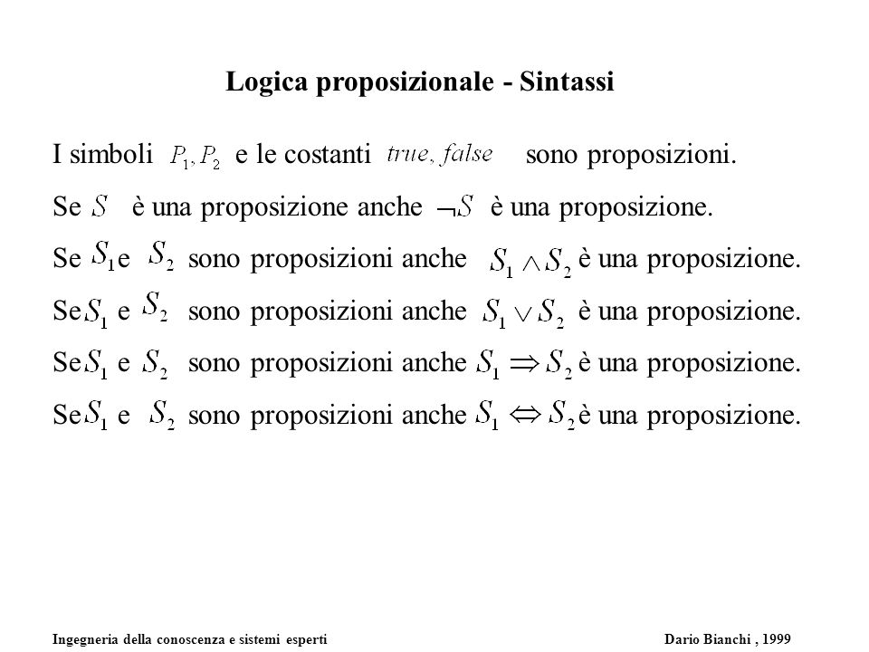 Ingegneria della conoscenza e sistemi esperti Dario Bianchi, 1999 Logica proposizionale - Sintassi I simboli e le costanti sono proposizioni.