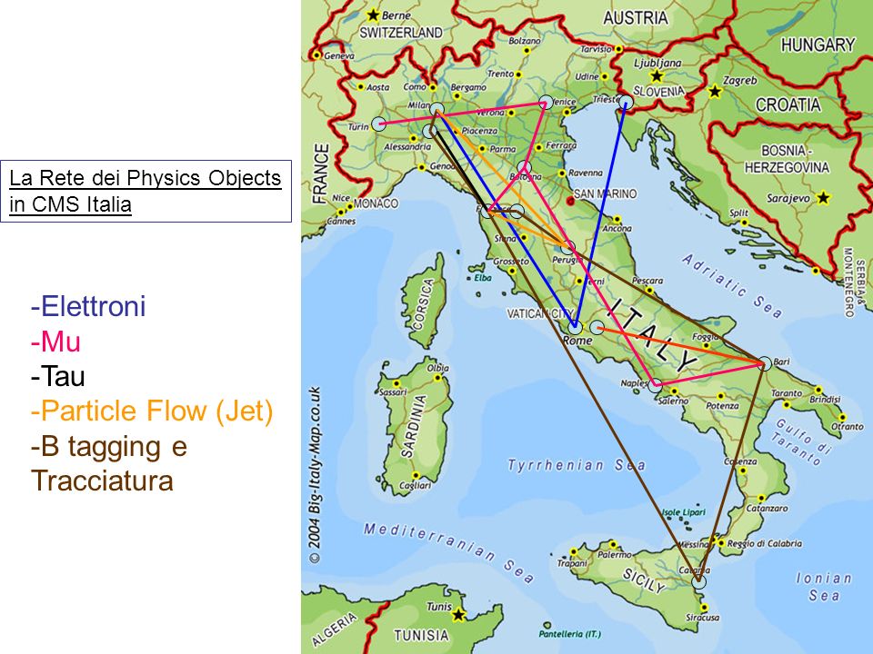 -Elettroni -Mu -Tau -Particle Flow (Jet) -B tagging e Tracciatura La Rete dei Physics Objects in CMS Italia