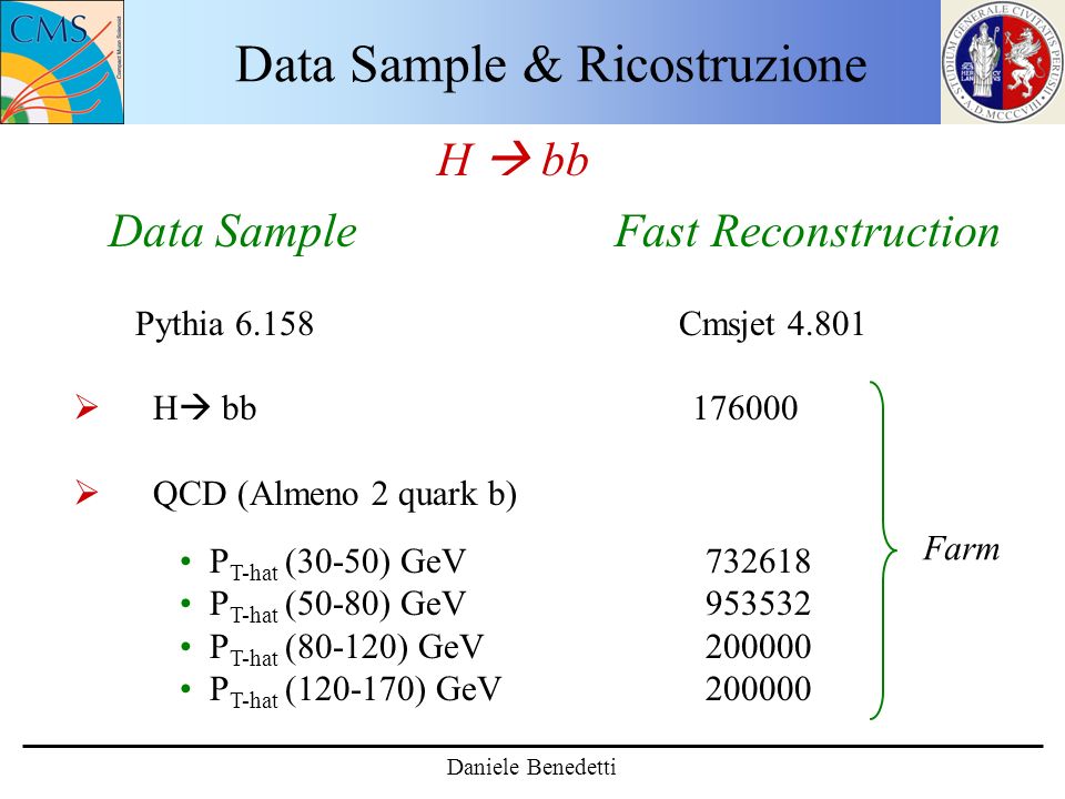 Data Sample & Ricostruzione H bb Daniele Benedetti Data Sample Fast Reconstruction Pythia Cmsjet H bb QCD (Almeno 2 quark b) P T-hat (30-50) GeV P T-hat (50-80) GeV P T-hat (80-120) GeV P T-hat ( ) GeV Farm