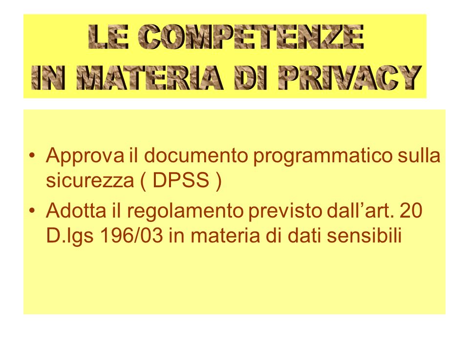 Approva il documento programmatico sulla sicurezza ( DPSS ) Adotta il regolamento previsto dallart.