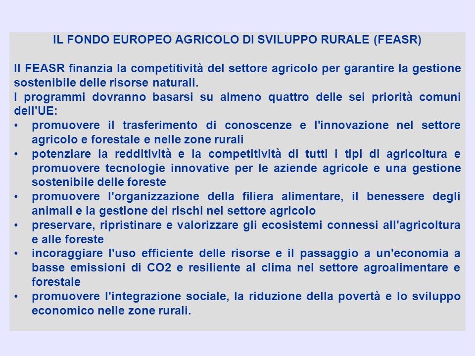 IL FONDO EUROPEO AGRICOLO DI SVILUPPO RURALE (FEASR) Il FEASR finanzia la competitività del settore agricolo per garantire la gestione sostenibile delle risorse naturali.