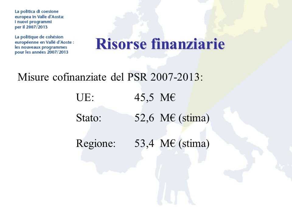 Risorse finanziarie Misure cofinanziate del PSR : UE:45,5 M€ Stato:52,6 M€ (stima) Regione: 53,4 M€ (stima)