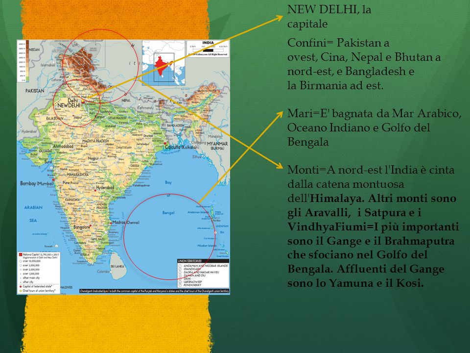 NEW DELHI, la capitale Confini= Pakistan a ovest, Cina, Nepal e Bhutan a nord-est, e Bangladesh e la Birmania ad est.