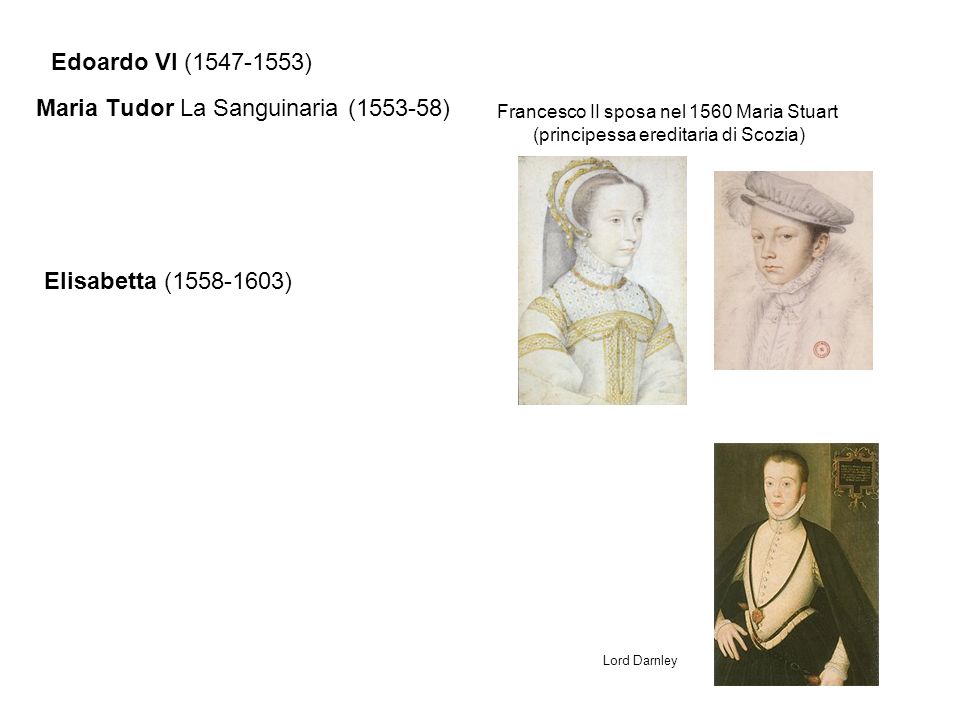 Maria Tudor La Sanguinaria ( ) Francesco II sposa nel 1560 Maria Stuart (principessa ereditaria di Scozia) Edoardo VI ( ) Elisabetta ( ) Lord Darnley