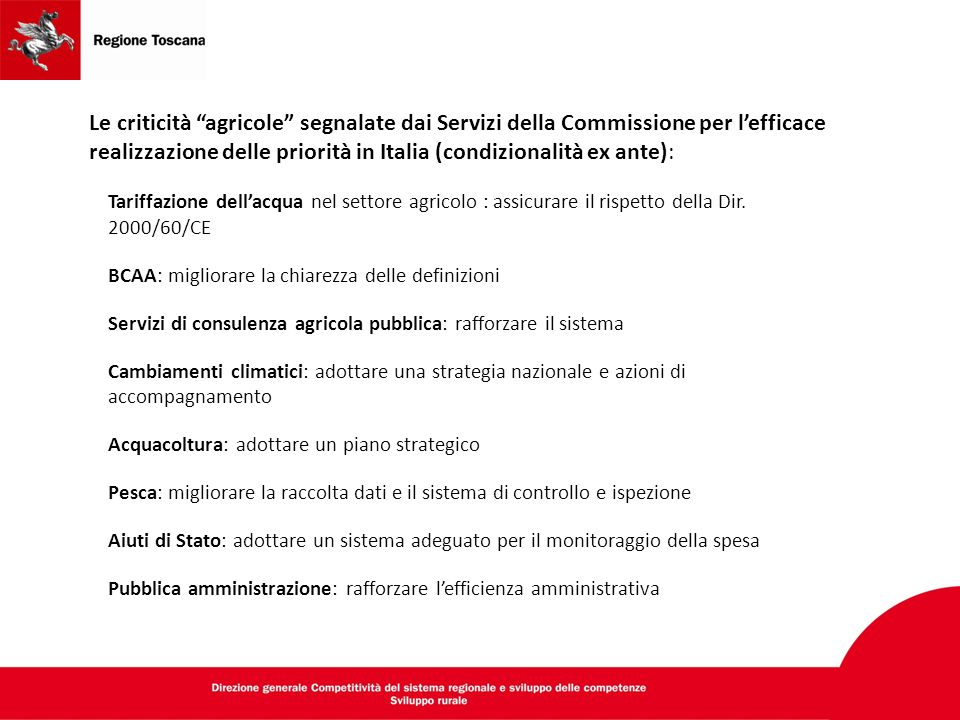 Le criticità agricole segnalate dai Servizi della Commissione per l’efficace realizzazione delle priorità in Italia (condizionalità ex ante): Tariffazione dell’acqua nel settore agricolo : assicurare il rispetto della Dir.