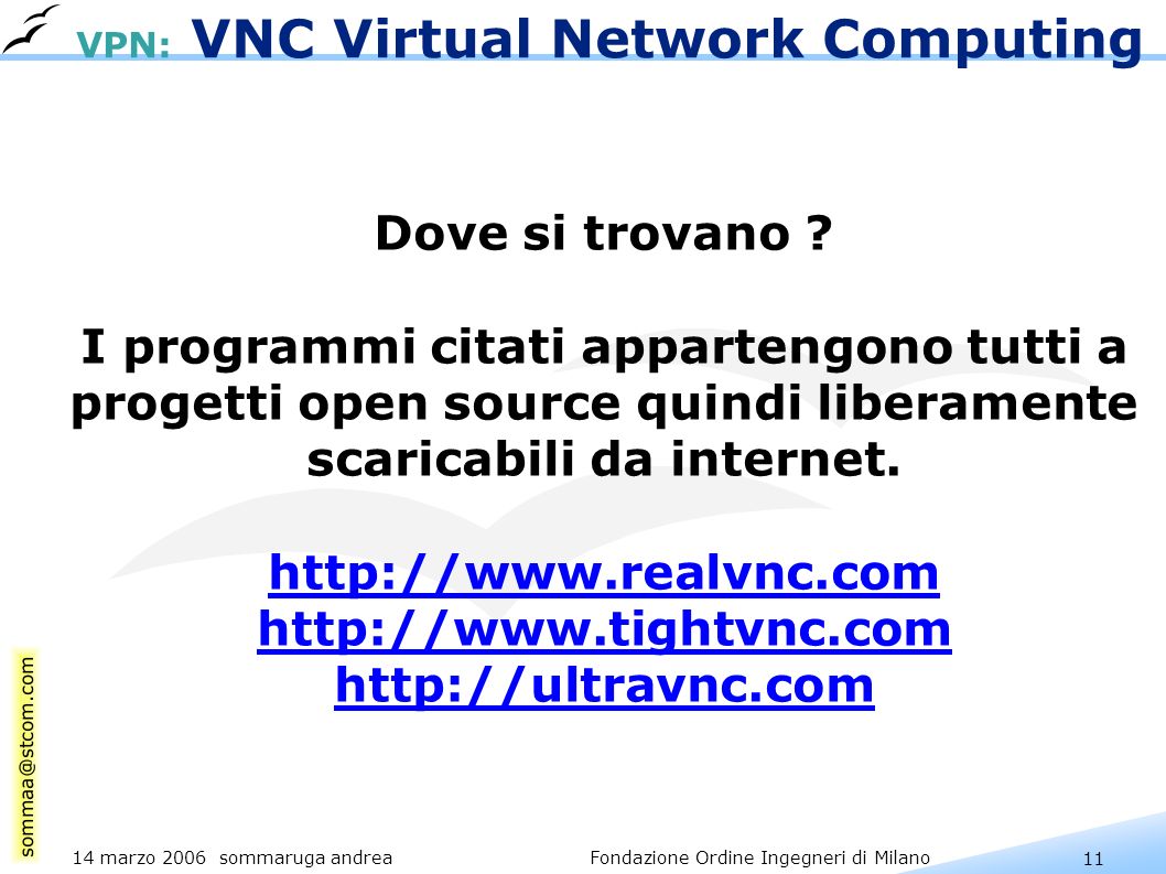 11 14 marzo 2006 sommaruga andrea Fondazione Ordine Ingegneri di Milano VPN: VNC Virtual Network Computing Dove si trovano .