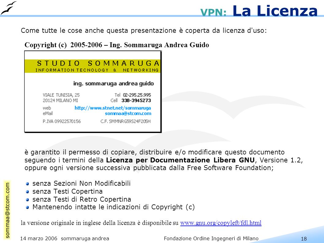 18 14 marzo 2006 sommaruga andrea Fondazione Ordine Ingegneri di Milano VPN: La Licenza Come tutte le cose anche questa presentazione è coperta da licenza d uso: Copyright (c) – Ing.