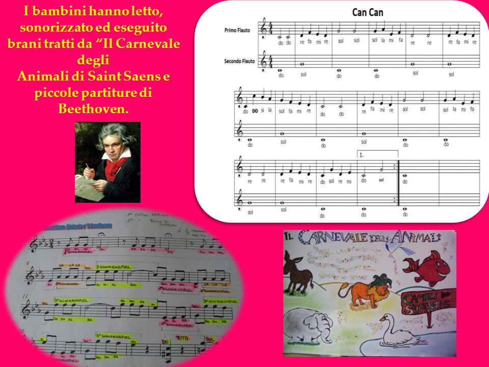 I bambini hanno letto, sonorizzato ed eseguito brani tratti da Il Carnevale degli Animali di Saint Saens e piccole partiture di Beethoven.