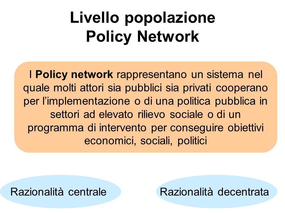 Livello popolazione Policy Network I Policy network rappresentano un sistema nel quale molti attori sia pubblici sia privati cooperano per l’implementazione o di una politica pubblica in settori ad elevato rilievo sociale o di un programma di intervento per conseguire obiettivi economici, sociali, politici Razionalità decentrataRazionalità centrale
