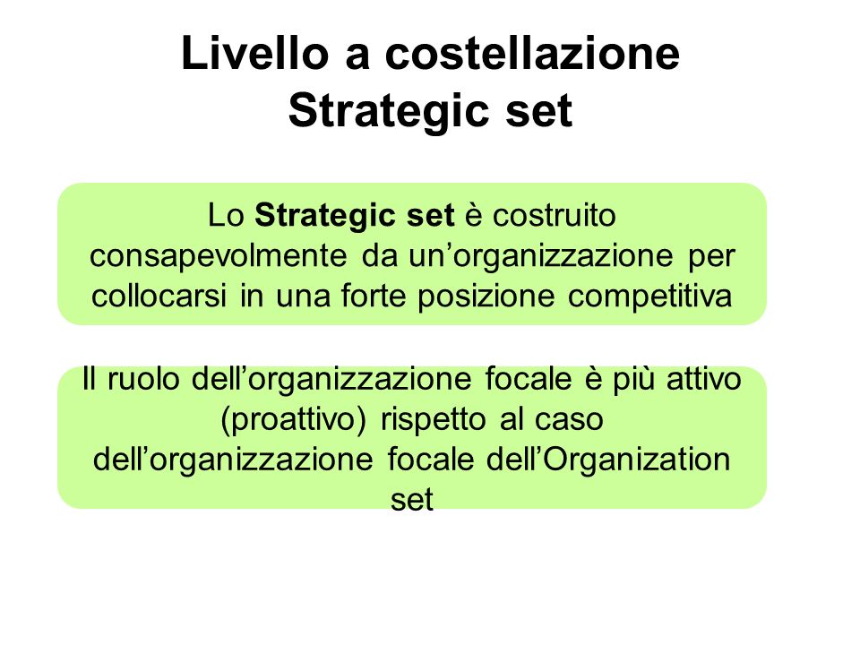 Livello a costellazione Strategic set Lo Strategic set è costruito consapevolmente da un’organizzazione per collocarsi in una forte posizione competitiva Il ruolo dell’organizzazione focale è più attivo (proattivo) rispetto al caso dell’organizzazione focale dell’Organization set