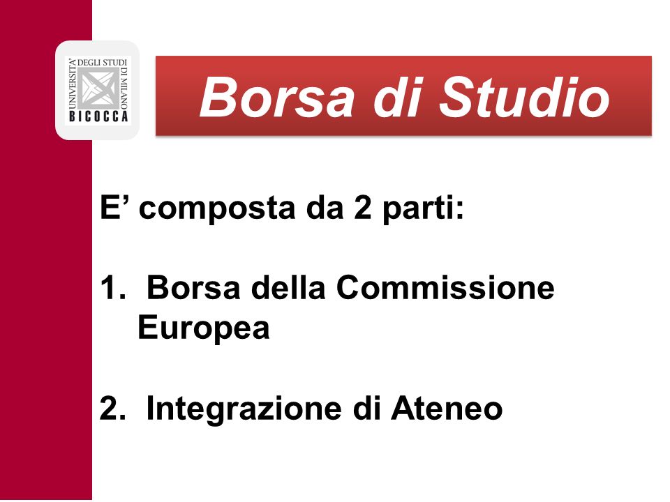 Borsa di Studio E’ composta da 2 parti: 1. Borsa della Commissione Europea 2.