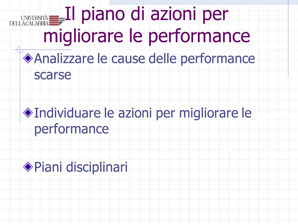 Il piano di azioni per migliorare le performance Analizzare le cause delle performance scarse Individuare le azioni per migliorare le performance Piani disciplinari