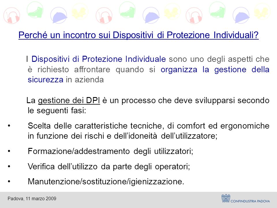 Padova, 11 marzo 2009 Perché un incontro sui Dispositivi di Protezione Individuali.