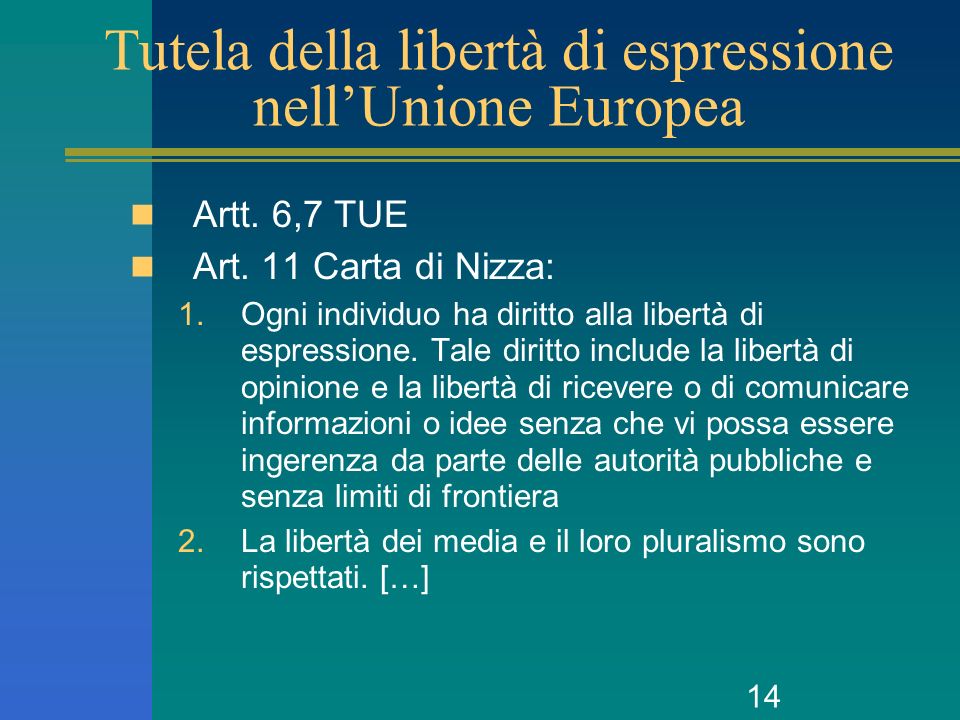 14 Tutela della libertà di espressione nellUnione Europea Artt.