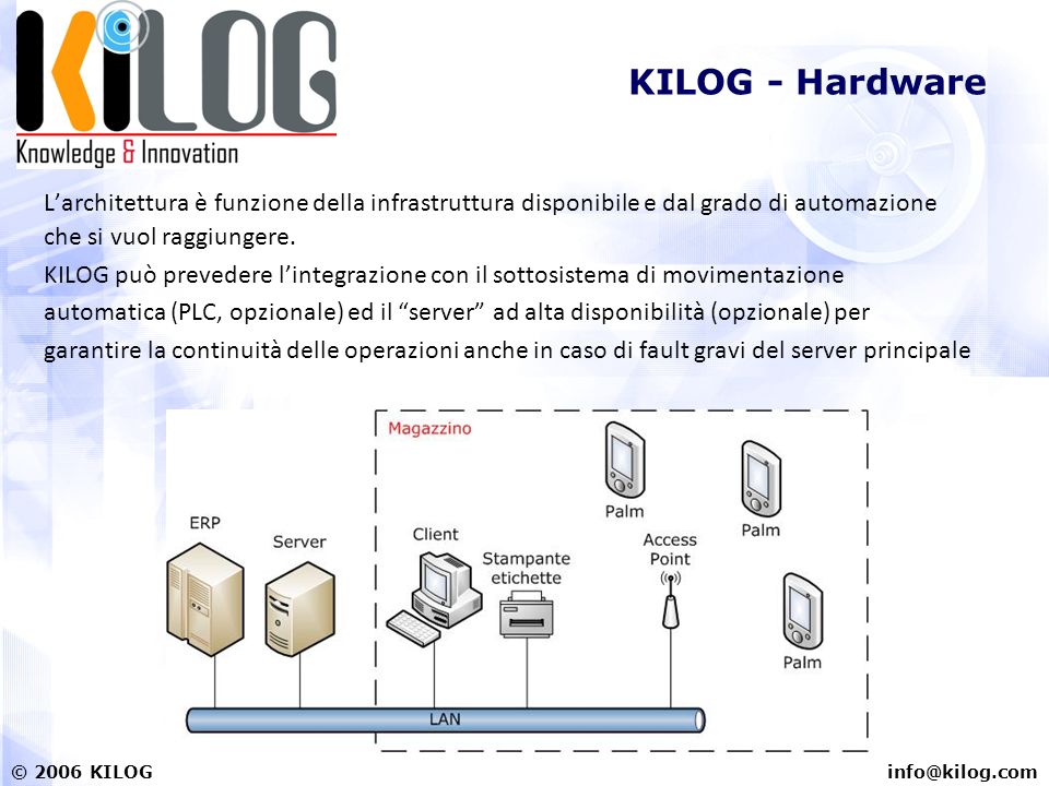 KILOG KILOG - Hardware Larchitettura è funzione della infrastruttura disponibile e dal grado di automazione che si vuol raggiungere.