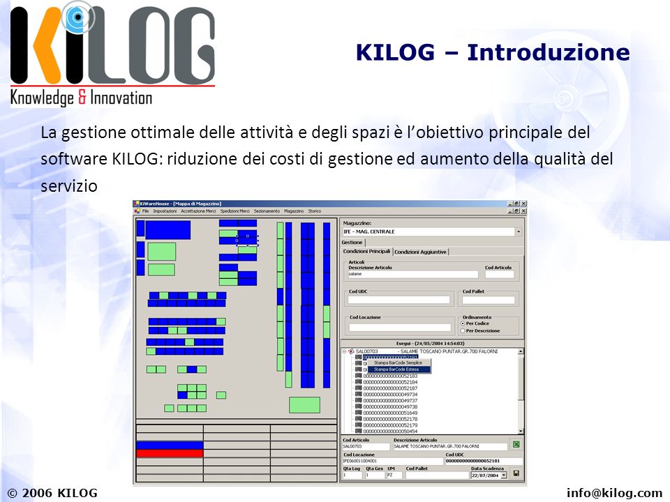 KILOG KILOG – Introduzione La gestione ottimale delle attività e degli spazi è lobiettivo principale del software KILOG: riduzione dei costi di gestione ed aumento della qualità del servizio