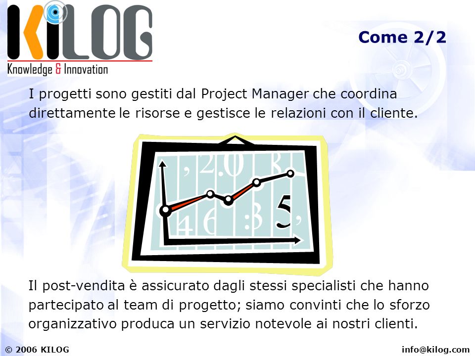 KILOG Come 2/2 I progetti sono gestiti dal Project Manager che coordina direttamente le risorse e gestisce le relazioni con il cliente.