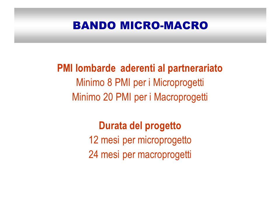 BANDO MICRO-MACRO PMI lombarde aderenti al partnerariato Minimo 8 PMI per i Microprogetti Minimo 20 PMI per i Macroprogetti Durata del progetto 12 mesi per microprogetto 24 mesi per macroprogetti