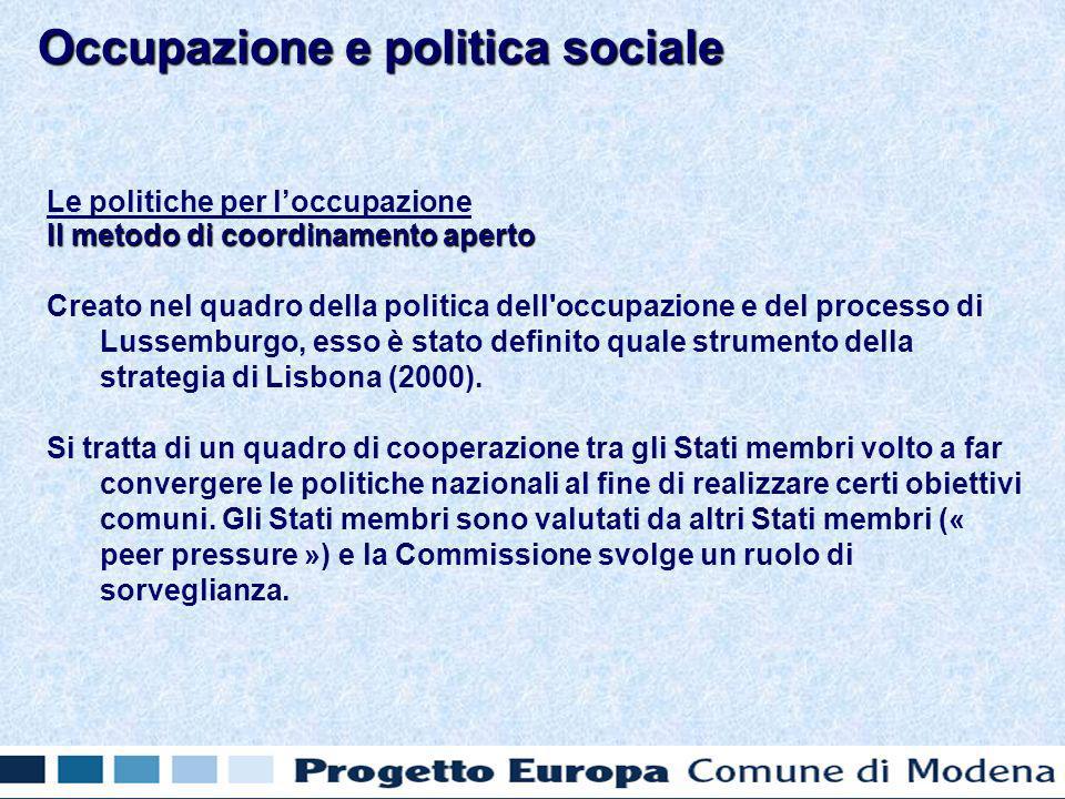 Le politiche per loccupazione Il metodo di coordinamento aperto Creato nel quadro della politica dell occupazione e del processo di Lussemburgo, esso è stato definito quale strumento della strategia di Lisbona (2000).
