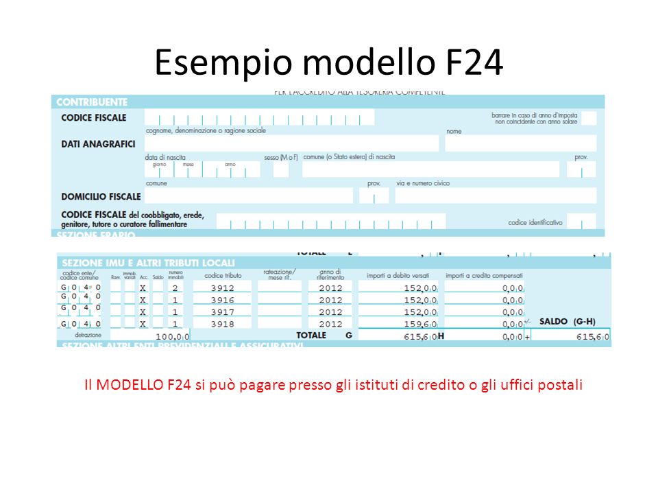Esempio modello F24 Il MODELLO F24 si può pagare presso gli istituti di credito o gli uffici postali