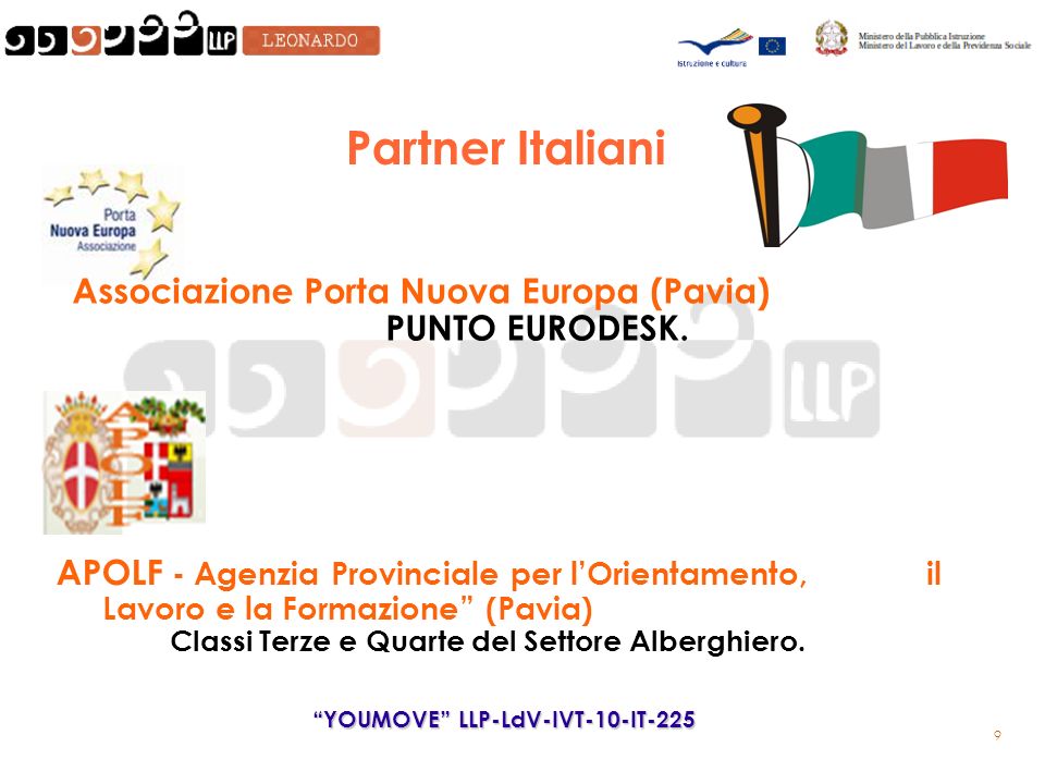 9 Partner Italiani APOLF - Agenzia Provinciale per lOrientamento, il Lavoro e la Formazione (Pavia) Classi Terze e Quarte del Settore Alberghiero.