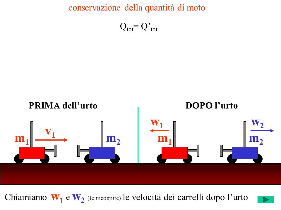 Chiamiamo w 1 e w 2 (le incognite) le velocità dei carrelli dopo lurto m2m2 v1v1 m1m1 m2m2 w1w1 m1m1 w2w2 PRIMA dellurtoDOPO lurto conservazione della quantità di moto Q tot = Q tot