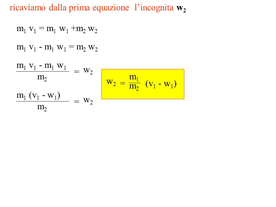ricaviamo dalla prima equazione lincognita w 2 m 1 v 1 = m 1 w 1 +m 2 w 2 m 1 v 1 - m 1 w 1 = m 2 w 2 m 1 v 1 - m 1 w 1 m2m2 = w2w2 m 1 (v 1 - w 1 ) m2m2 = w2w2 m1m1 m2m2 = w2w2 (v 1 - w 1 )