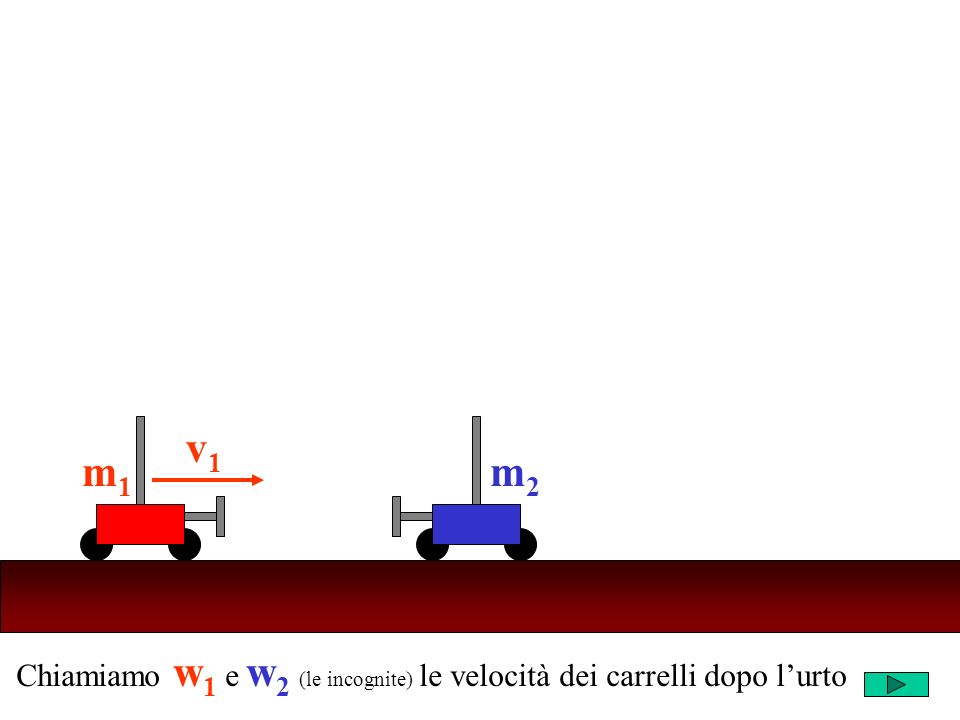 m1m1 v1v1 Chiamiamo w 1 e w 2 (le incognite) le velocità dei carrelli dopo lurto m2m2