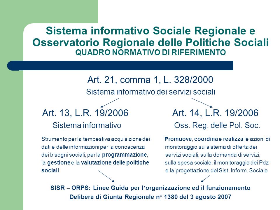 Sistema informativo Sociale Regionale e Osservatorio Regionale delle Politiche Sociali QUADRO NORMATIVO DI RIFERIMENTO Art.