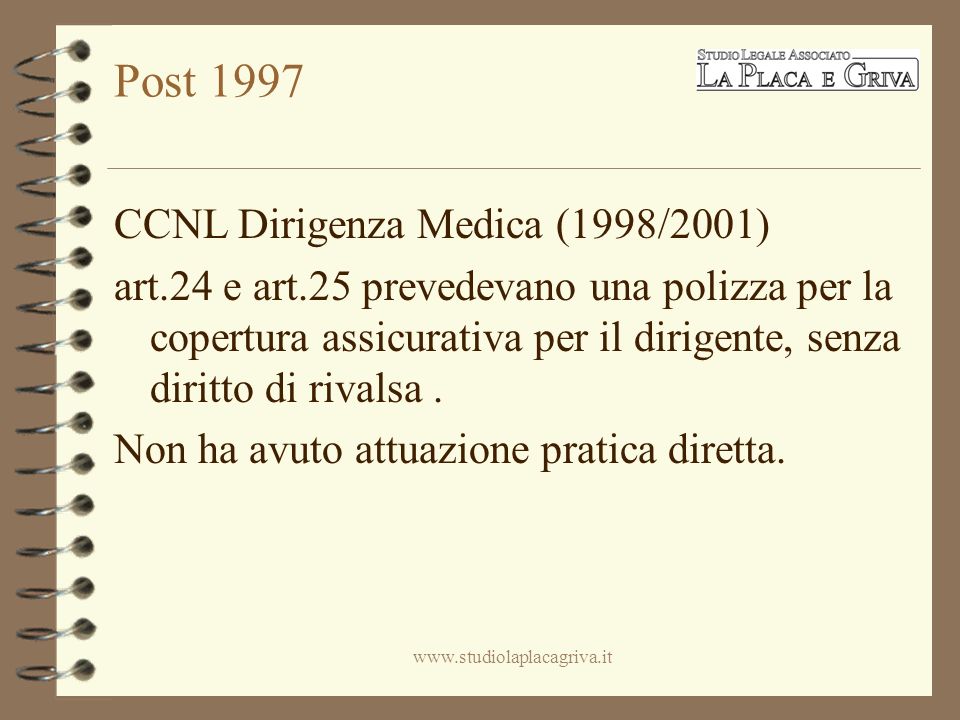 Post 1997 CCNL Dirigenza Medica (1998/2001) art.24 e art.25 prevedevano una polizza per la copertura assicurativa per il dirigente, senza diritto di rivalsa.