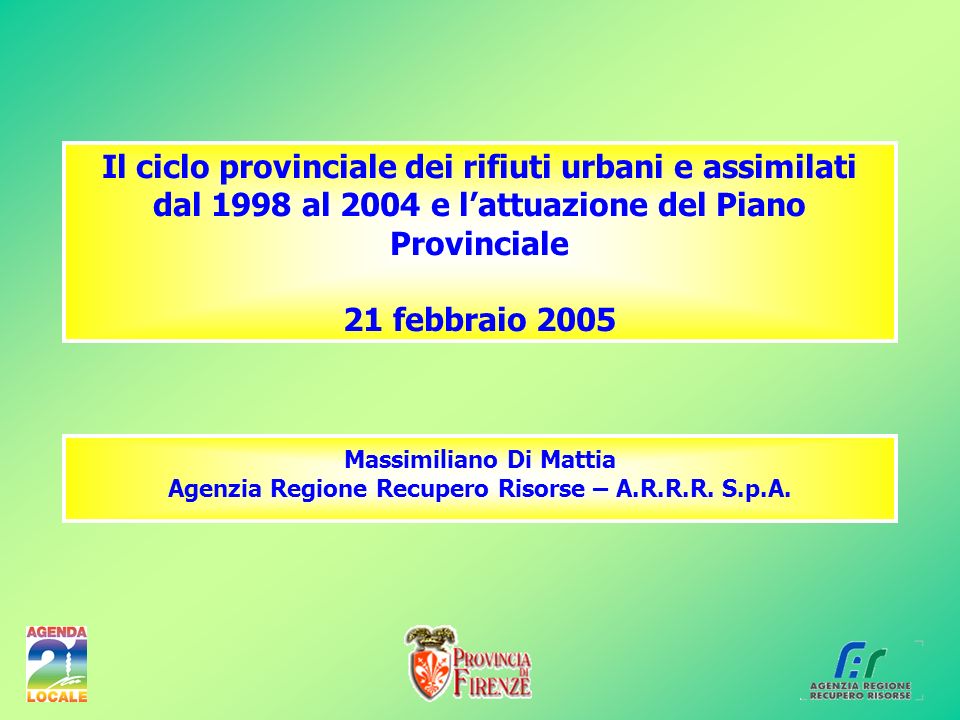 Il ciclo provinciale dei rifiuti urbani e assimilati dal 1998 al 2004 e lattuazione del Piano Provinciale 21 febbraio 2005 Massimiliano Di Mattia Agenzia Regione Recupero Risorse – A.R.R.R.