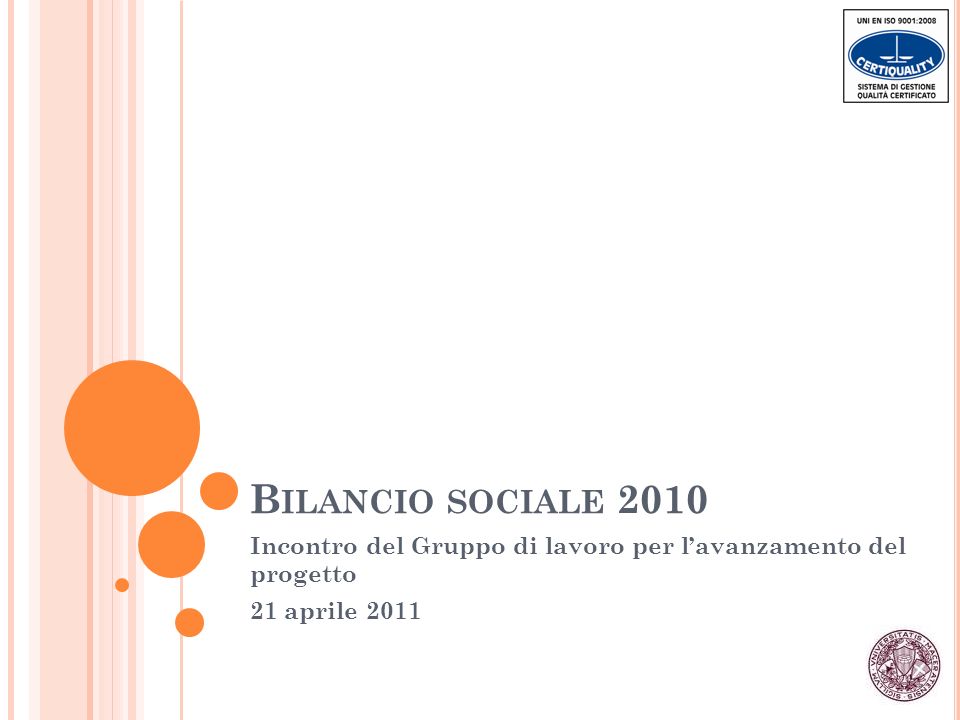 B ILANCIO SOCIALE 2010 Incontro del Gruppo di lavoro per lavanzamento del progetto 21 aprile 2011