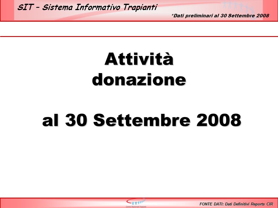 SIT – Sistema Informativo Trapianti Attivitàdonazione al 30 Settembre 2008 al 30 Settembre 2008 FONTE DATI: Dati Definitivi Reports CIR *Dati preliminari al 30 Settembre 2008