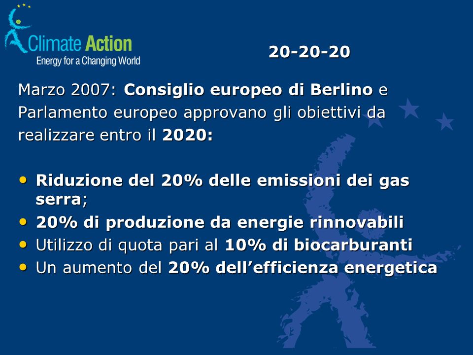 Marzo 2007: Consiglio europeo di Berlino e Parlamento europeo approvano gli obiettivi da realizzare entro il 2020: Riduzione del 20% delle emissioni dei gas serra; Riduzione del 20% delle emissioni dei gas serra; 20% di produzione da energie rinnovabili 20% di produzione da energie rinnovabili Utilizzo di quota pari al 10% di biocarburanti Utilizzo di quota pari al 10% di biocarburanti Un aumento del 20% dellefficienza energetica Un aumento del 20% dellefficienza energetica