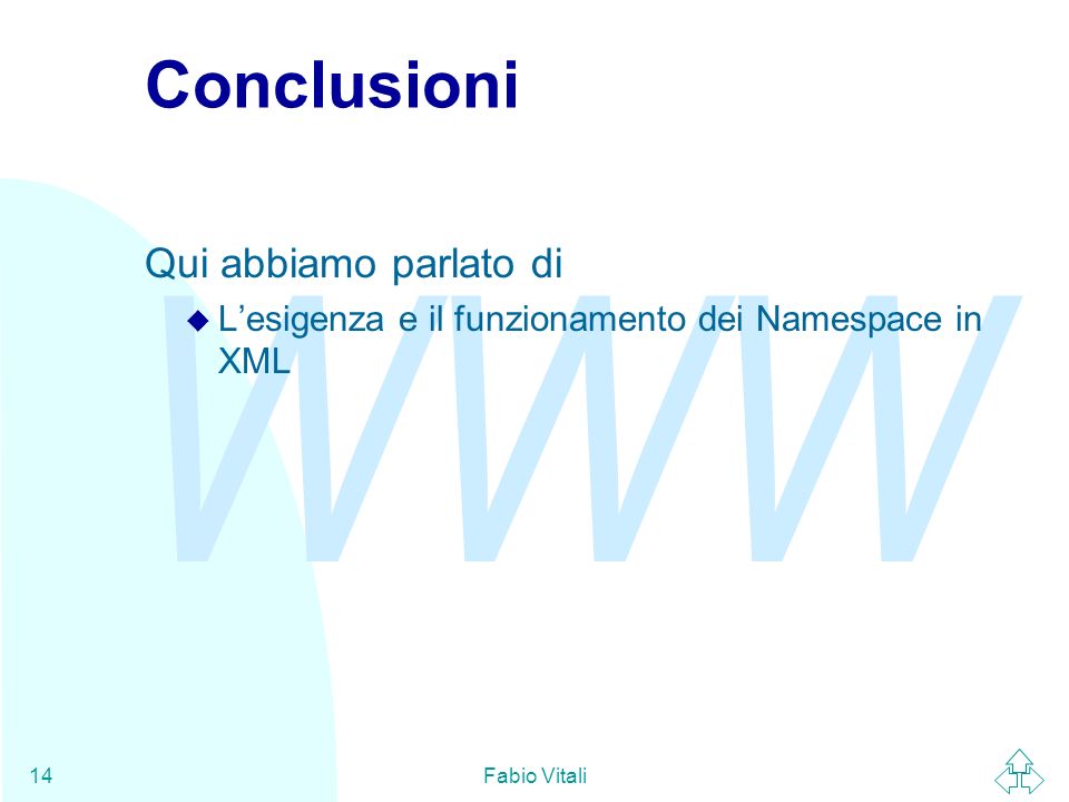 WWW Fabio Vitali14 Conclusioni Qui abbiamo parlato di u Lesigenza e il funzionamento dei Namespace in XML